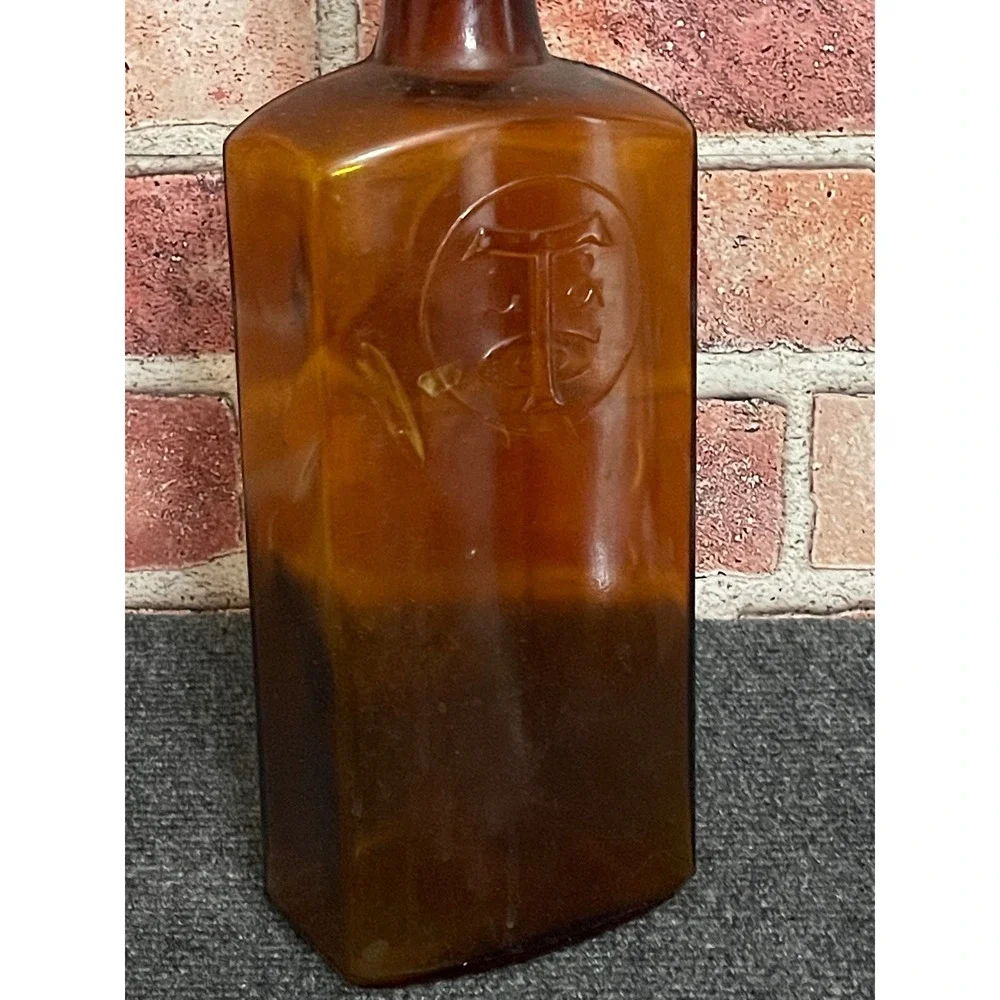 Antique Amber Glass Bottle Patented 1902 TS Monogram Embossed Apothecary Brown